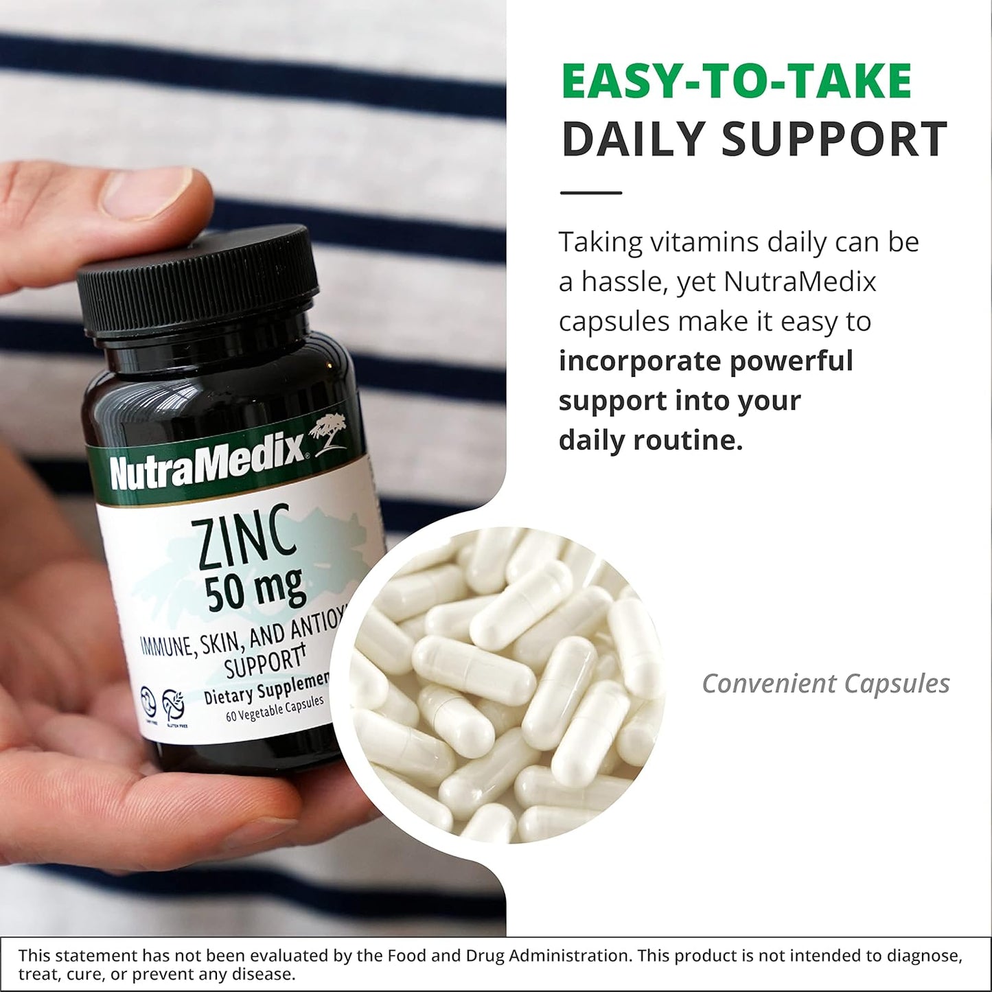 NutraMedix Zinc 50mg Capsules - Immune Defense, Skin Health, Antioxidant Support - Easy-to-Digest Zinc - 60 Count