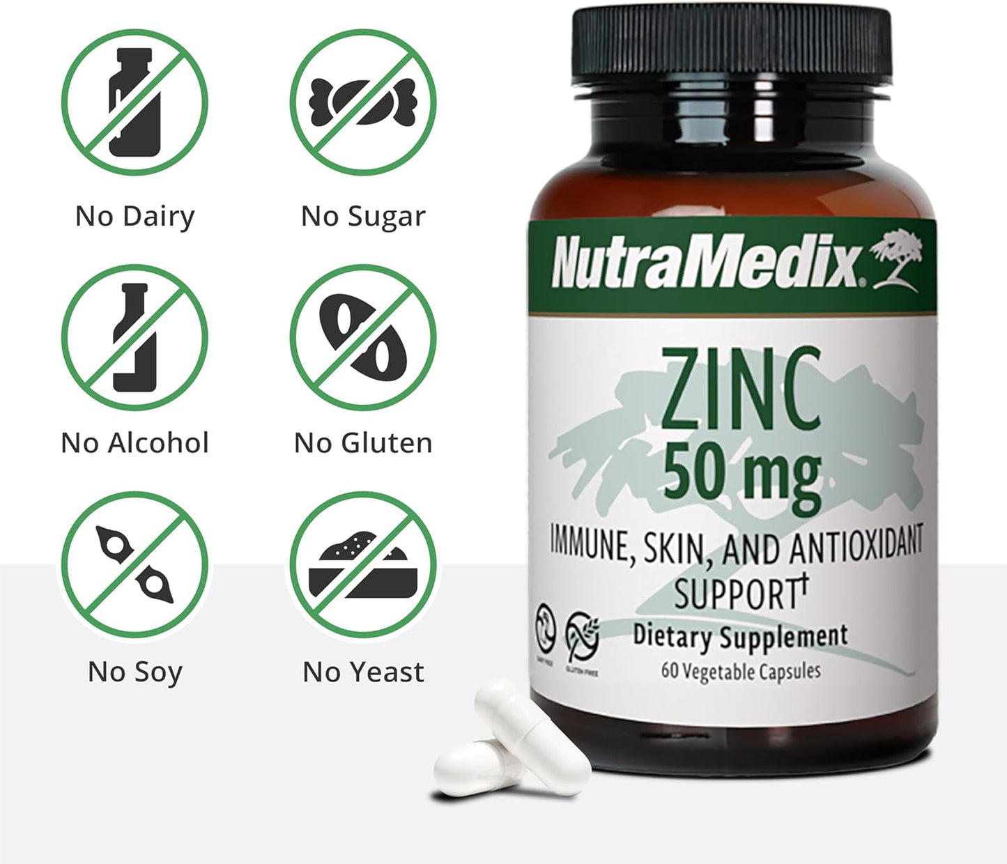 NutraMedix Zinc 50mg Capsules - Immune Defense, Skin Health, Antioxidant Support - Easy-to-Digest Zinc - 60 Count