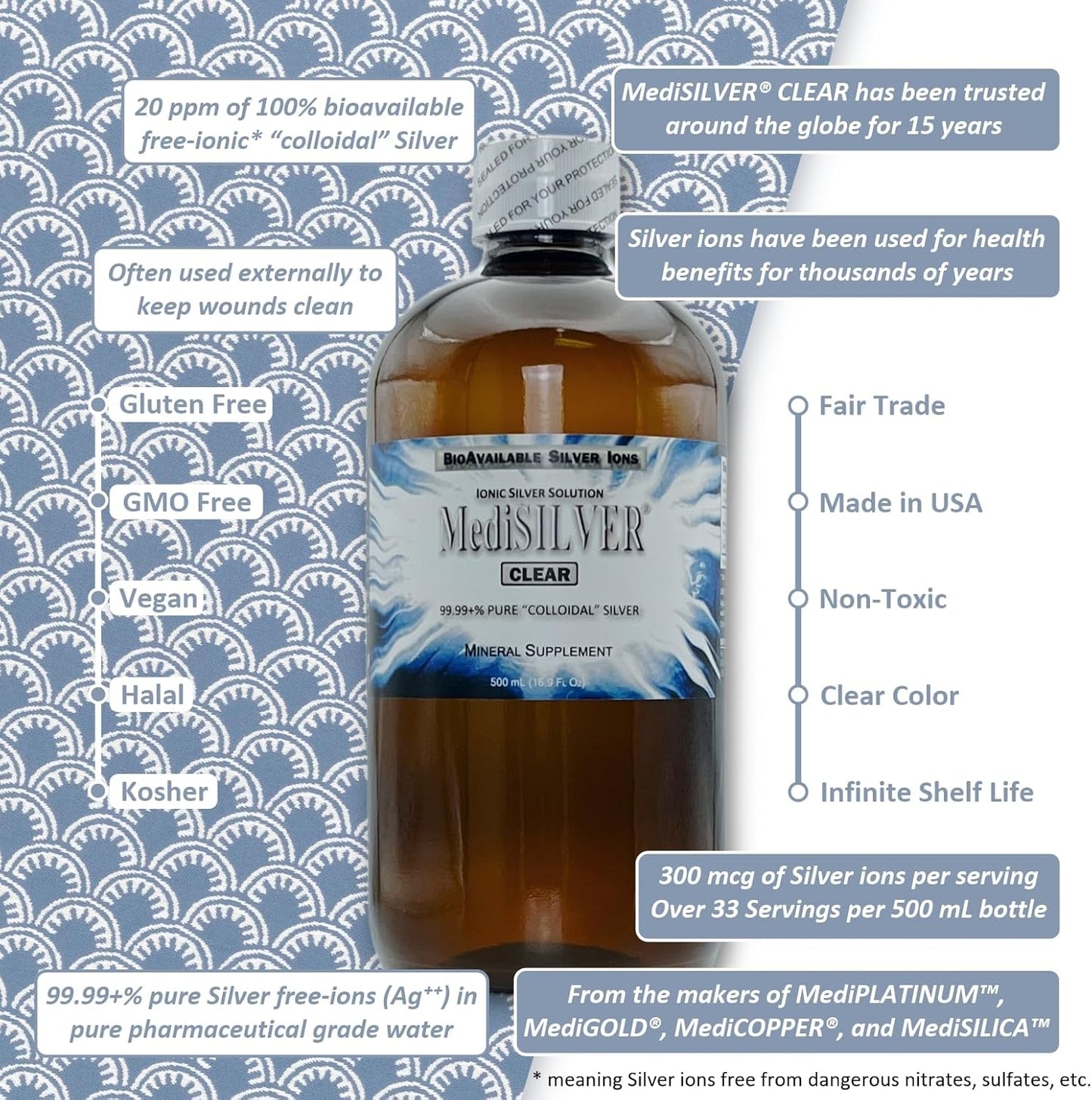 Nutraneering MediSILVER Clear True Free Ionic Colloidal Silver Supplement - 500 mL Amber Bottle