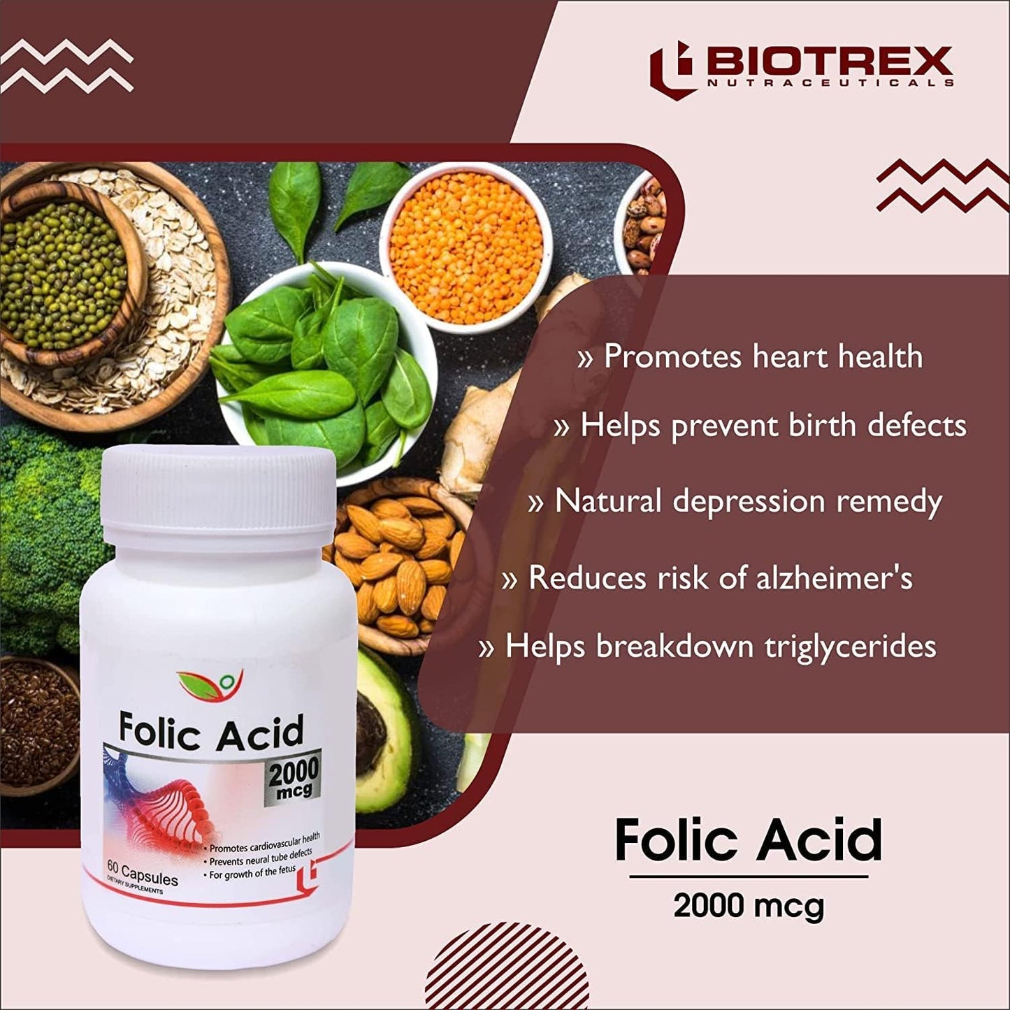 Nutranix VNZ Folic Acid 2000mcg Supplement - 120 Capsules, Two-Pack