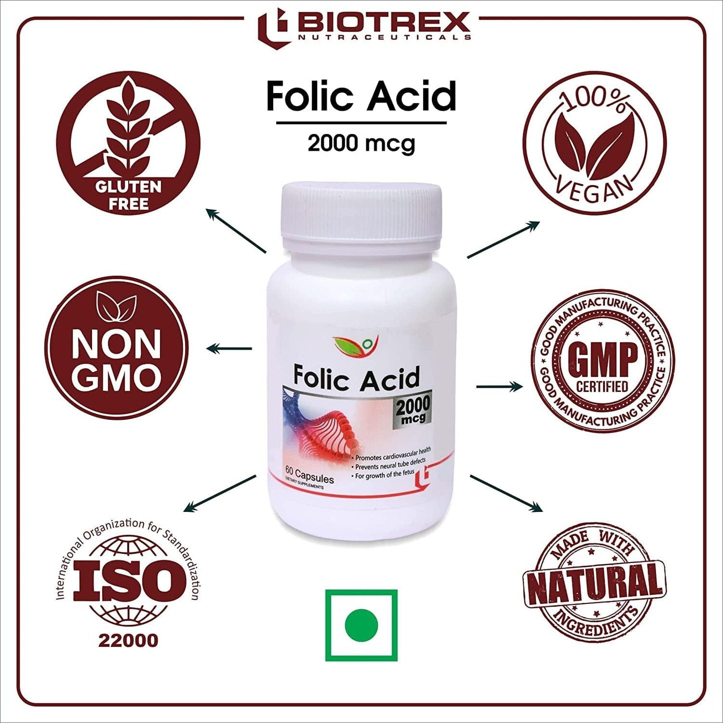 Nutranix VNZ Folic Acid 2000mcg Supplement - 120 Capsules, Two-Pack