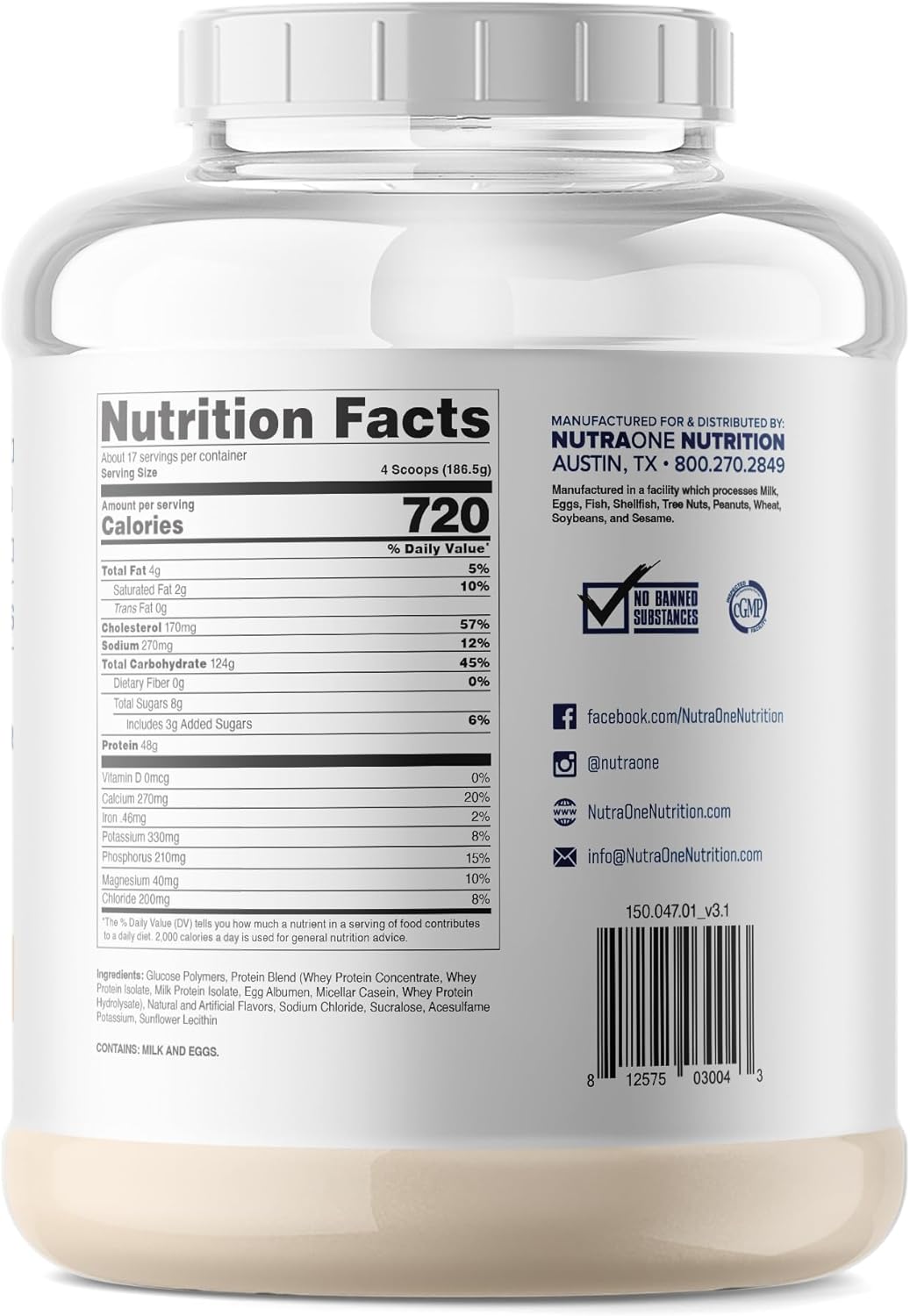 NutraOne Mass Gainer Protein Powder - Vanilla Flavor - 7 lbs - High Protein Meal Replacement for Mass Gain