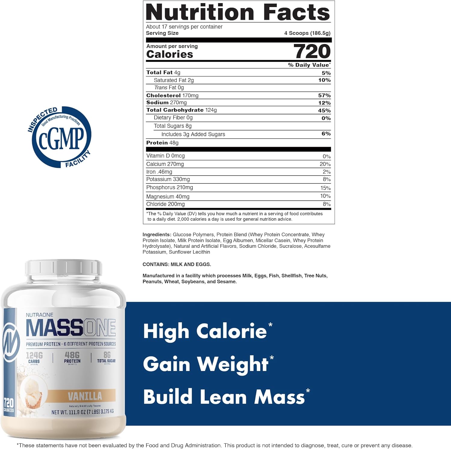 NutraOne Mass Gainer Protein Powder - Vanilla Flavor - 7 lbs - High Protein Meal Replacement for Mass Gain