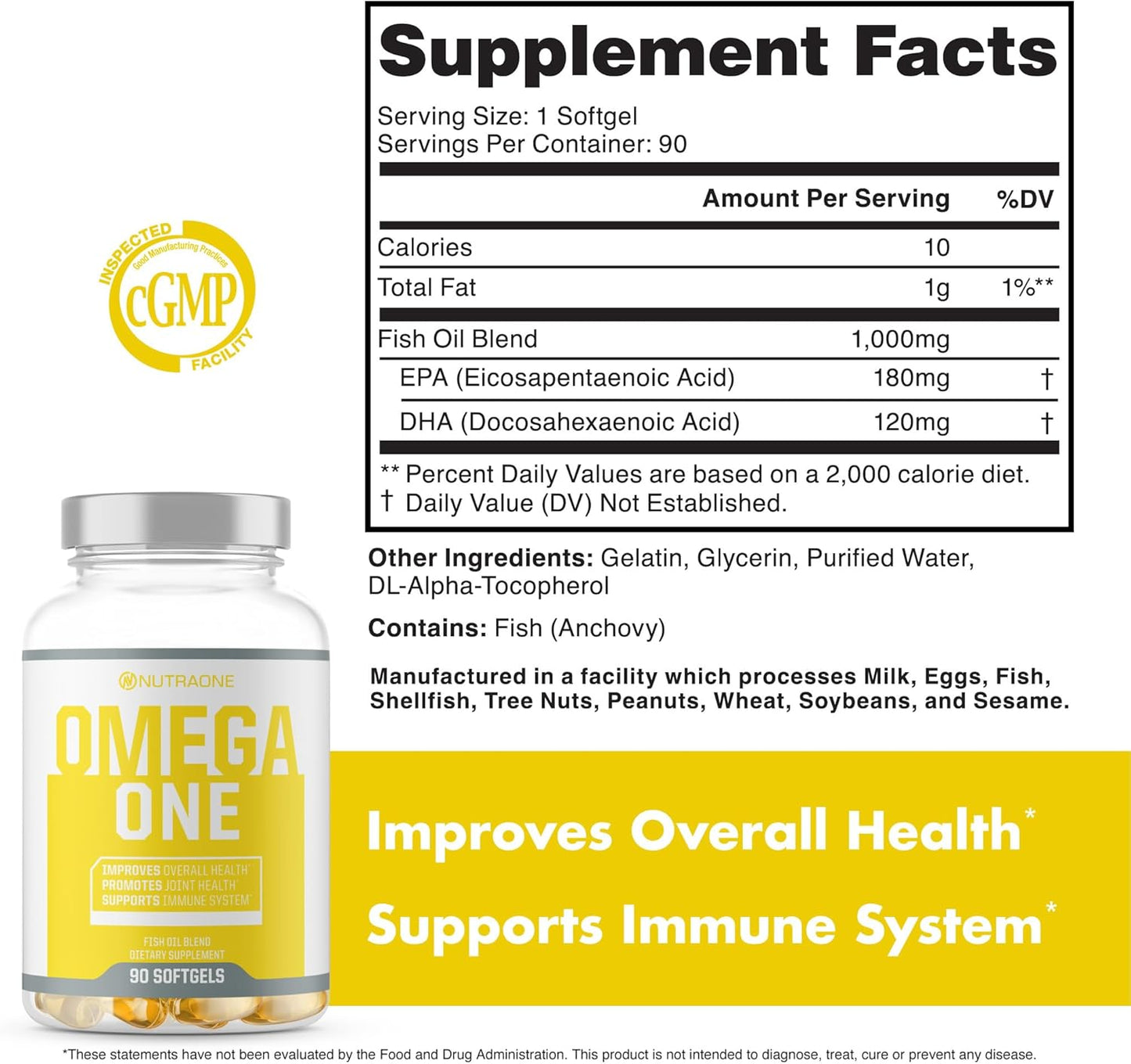 NutraOne Omega-3 Fish Oil Supplement - 90 Pills, 500mg OmegaOne Fish Oil
