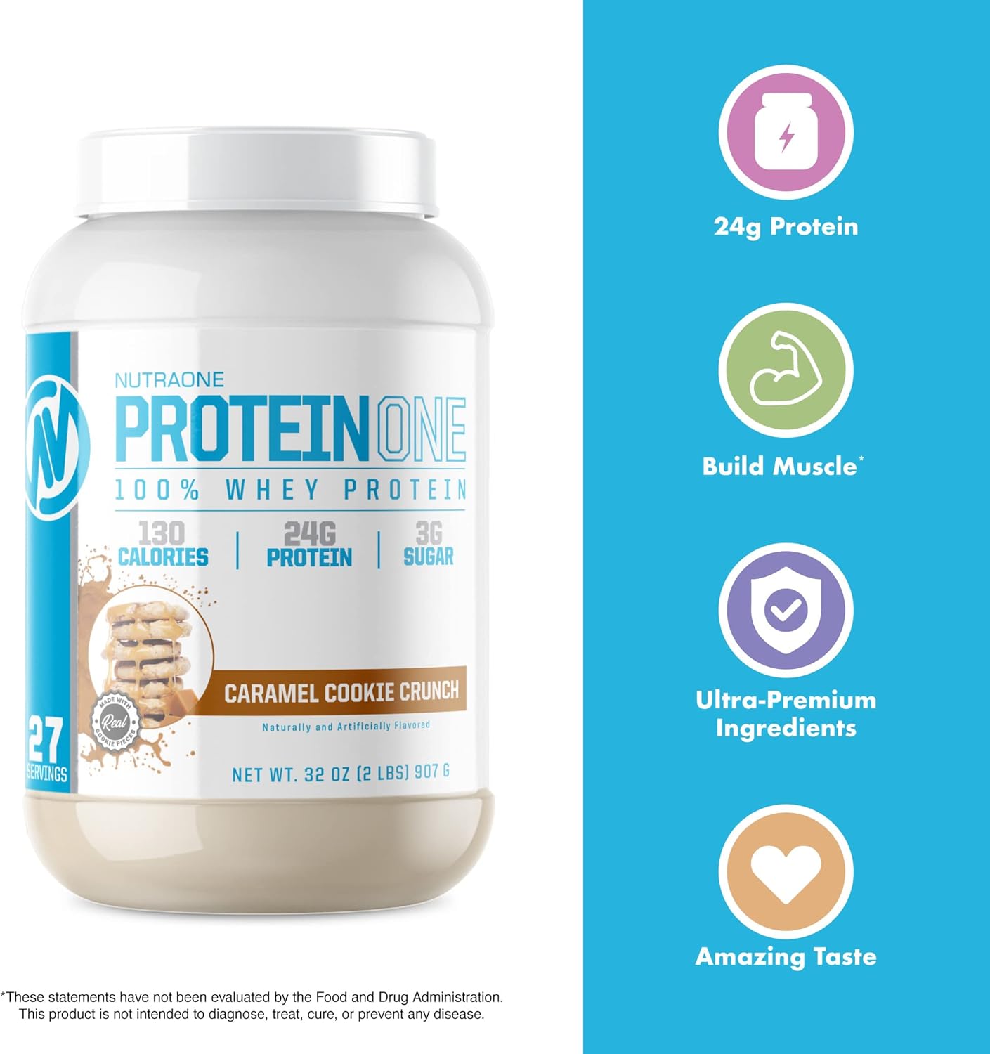 NutraOne ProteinOne Whey Protein Powder - Caramel Cookie Crunch Flavor, 2 LB - Ideal for Muscle Recovery & Growth for Men & Women