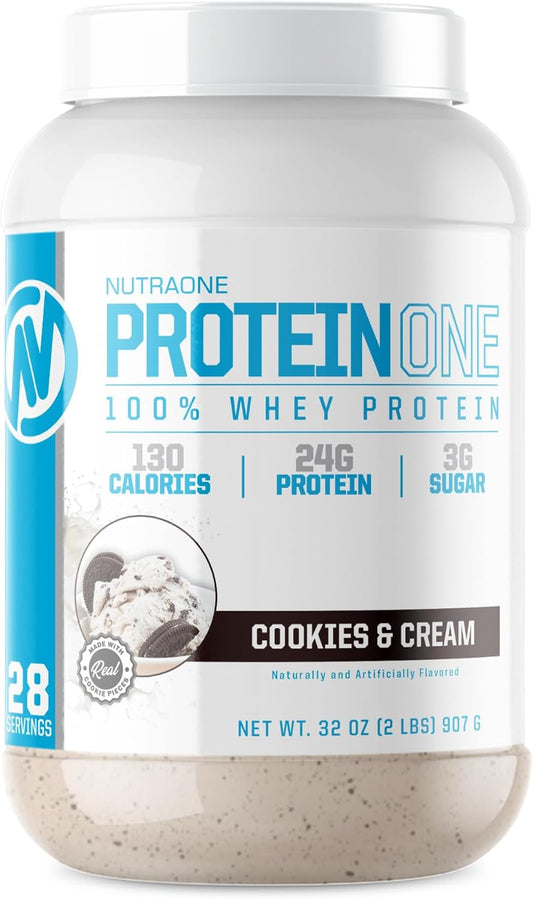 NutraOne ProteinOne Whey Protein Shake Powder - Recovery & Muscle Building Formula for Men & Women (Cookies & Cream, 2 LB)