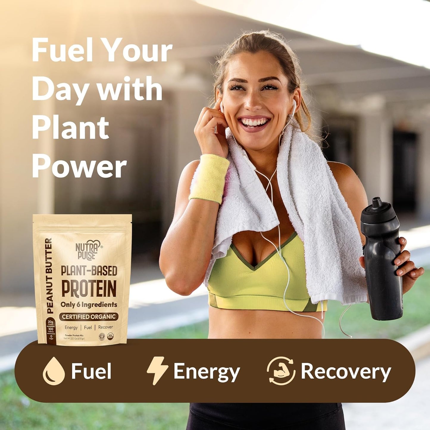 NUTRAPULSE Organic Vegan Peanut Butter Protein Powder - 20g Plant-Based Protein, Gluten-Free, Great for Smoothies & Shakes - 1pk (20 Servings)