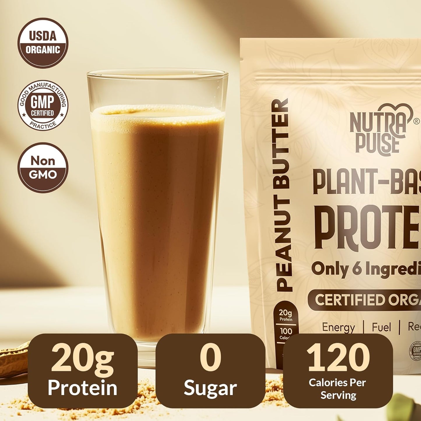 NUTRAPULSE Organic Vegan Peanut Butter Protein Powder - 20g Plant-Based Protein, Gluten-Free, Great for Smoothies & Shakes - 1pk (20 Servings)