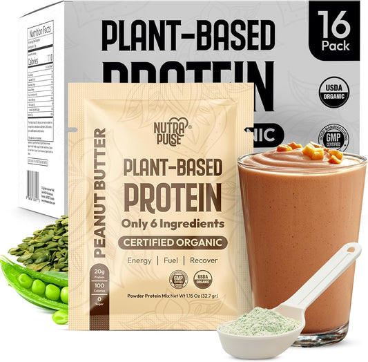 NUTRAPULSE Organic Vegan Protein Powder Sample Pack - Plant-Based & Gluten-Free, Non GMO, 20g Protein, Ideal for Smoothies - Peanut Butter Flavor, Pack of 16