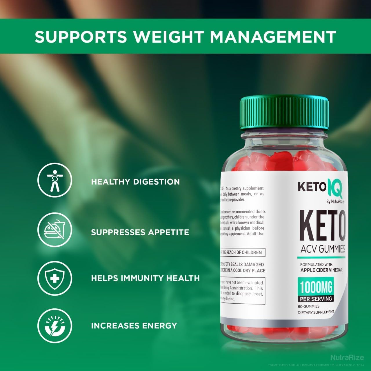 NutraRize Keto IQ ACV Gummies - Advanced Weight Loss Support - Fast-Acting Slimming Diet Gummies - 60 Gomitas