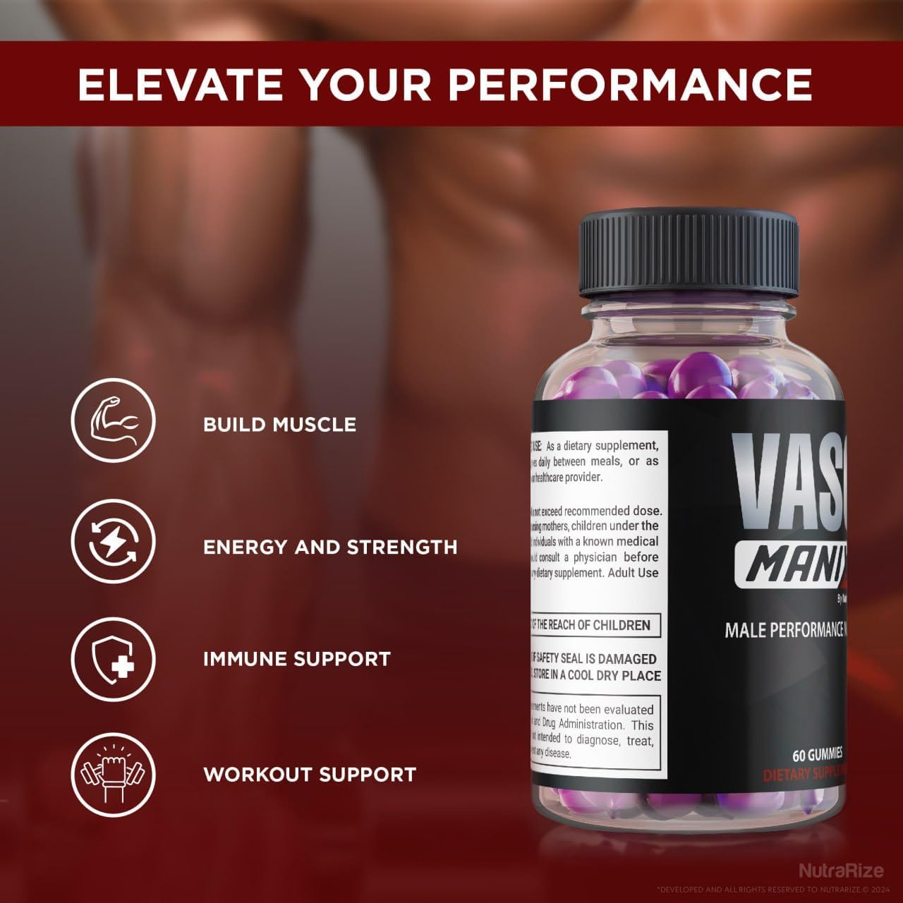 NutraRize VasoManix Gummies 2-Pack - Premium Male Supplement for Performance & Confidence - All Natural Formula - 120 Gummies