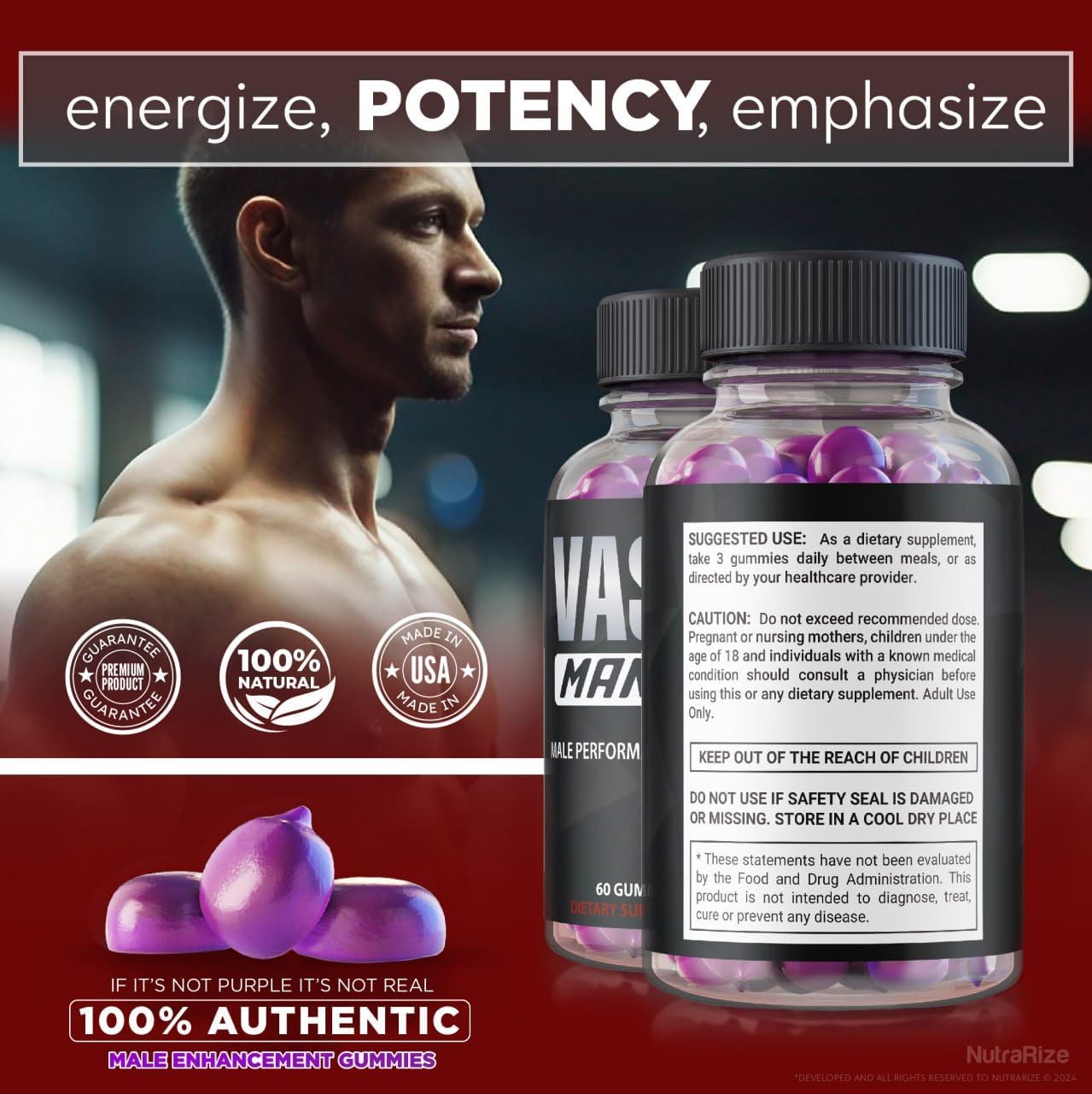 NutraRize VasoManix Gummies 2-Pack - Premium Male Supplement for Performance & Confidence - All Natural Formula - 120 Gummies