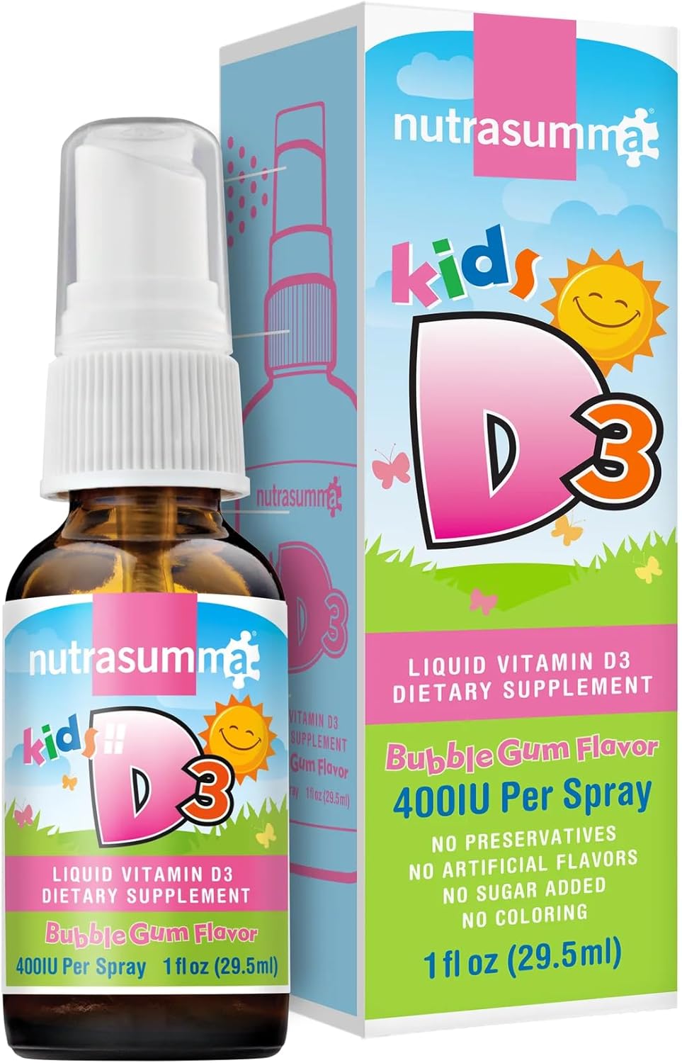 Nutrasumma Kids Vitamin D3 Spray - Bubble Gum Flavor - 1oz Bottle - High Absorption Rate - Bone & Immune System Support