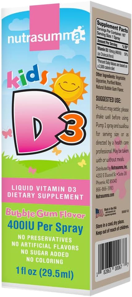 Nutrasumma Kids Vitamin D3 Spray - Bubble Gum Flavor - 1oz Bottle - High Absorption Rate - Bone & Immune System Support