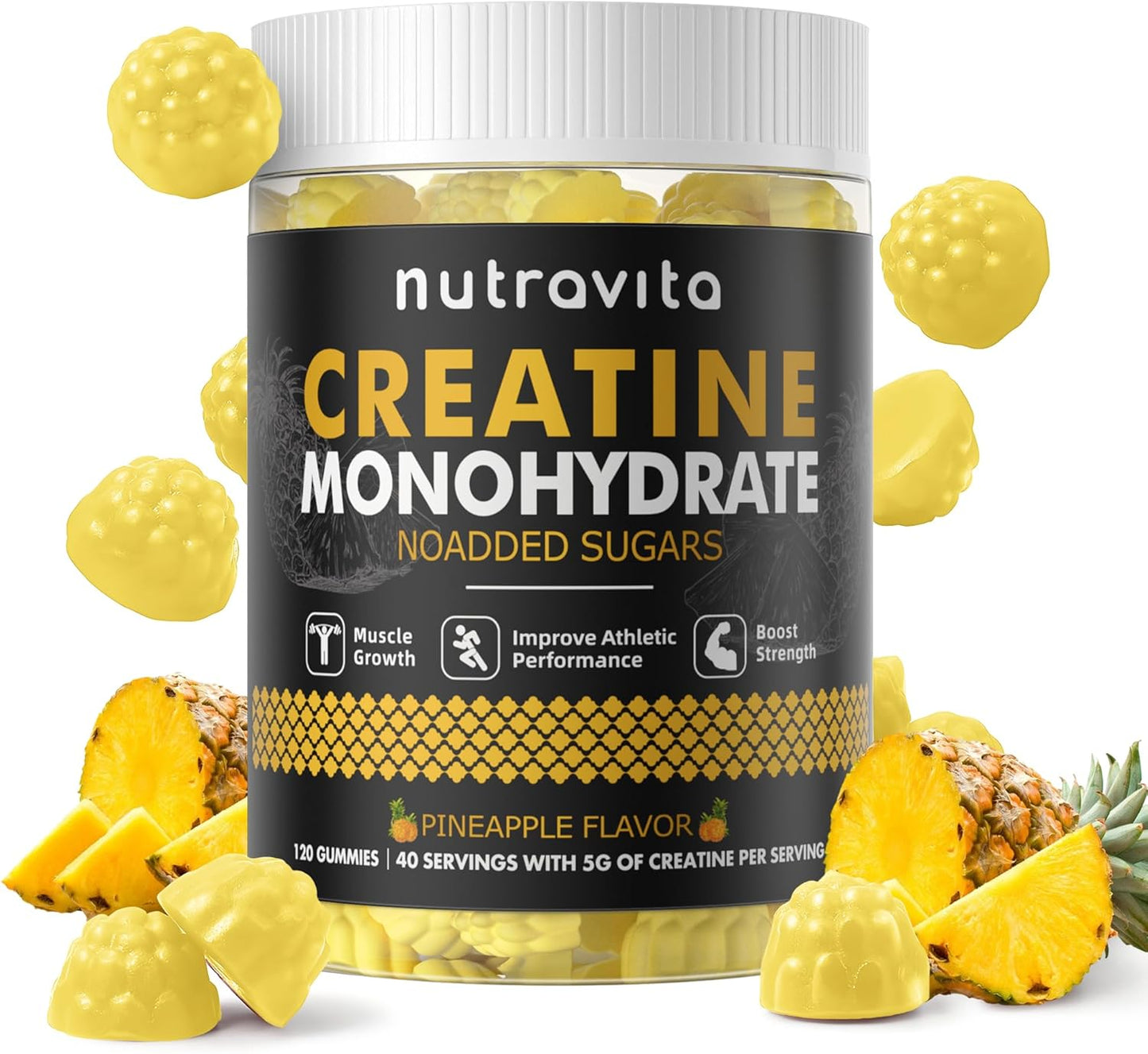 Nutravita Creatine Monohydrate Gummies - 5g per Serving - Sugar Free, Vegan, Pineapple Flavor - 120 Count Bottle for Men and Women - BoostGo Australia