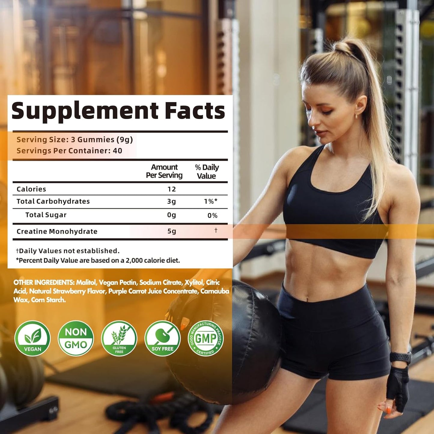Nutravita Creatine Monohydrate Gummies - 5g per Serving - Sugar Free, Vegan, Pineapple Flavor - 120 Count Bottle for Men and Women - BoostGo Australia