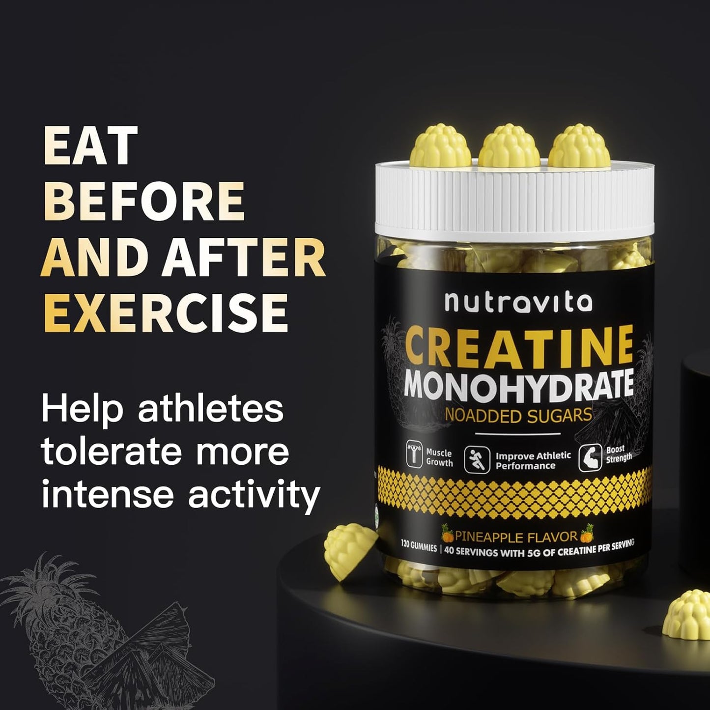 Nutravita Creatine Monohydrate Gummies - 5g per Serving - Sugar Free, Vegan, Pineapple Flavor - 120 Count Bottle for Men and Women - BoostGo Australia
