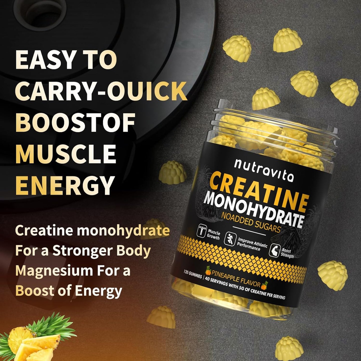 Nutravita Creatine Monohydrate Gummies - 5g per Serving - Sugar Free, Vegan, Pineapple Flavor - 120 Count Bottle for Men and Women - BoostGo Australia