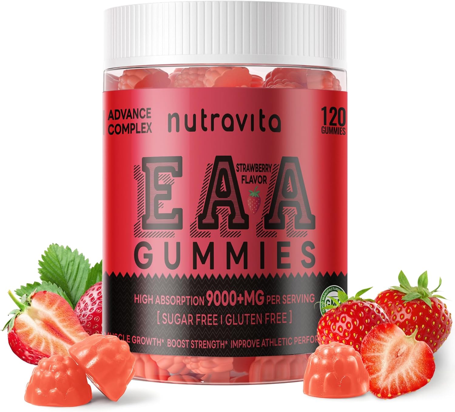 Nutravita EAA Gummies - Strawberry Flavor, 120 Gummies, 9000mg Essential Amino Acids - Non-GMO, Gluten Free, Vegetarian-Friendly