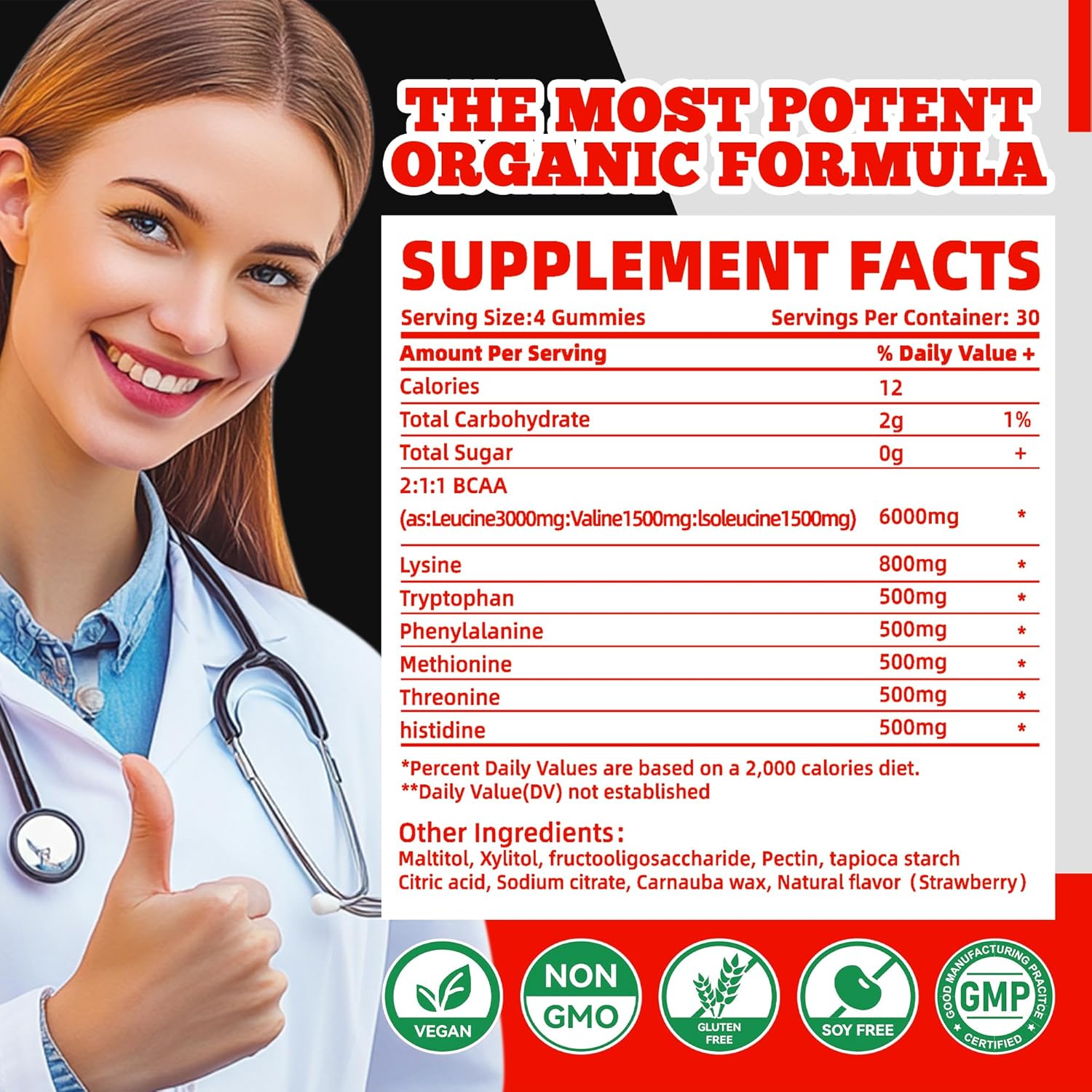 Nutravita EAA Gummies - Strawberry Flavor, 120 Gummies, 9000mg Essential Amino Acids - Non-GMO, Gluten Free, Vegetarian-Friendly