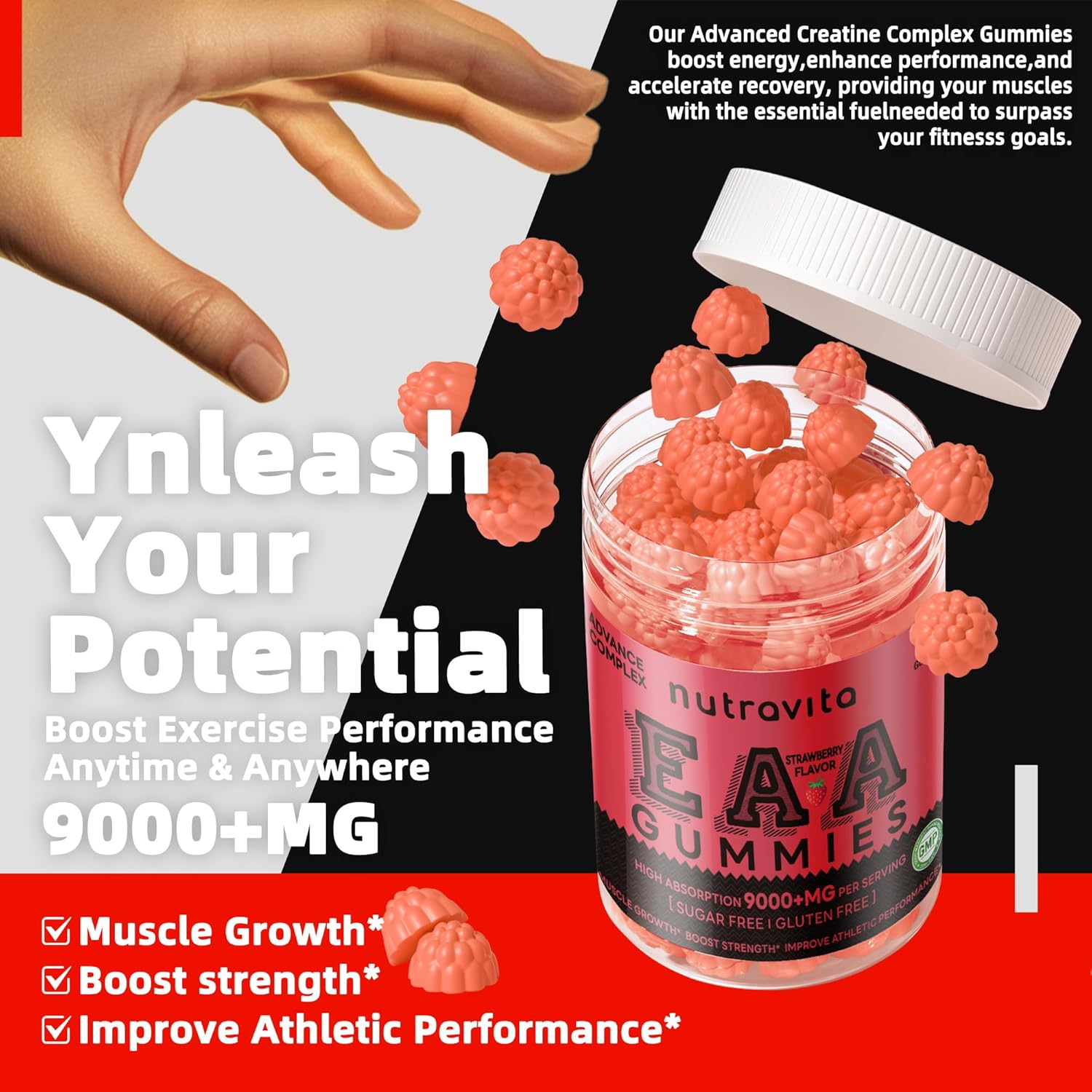 Nutravita EAA Gummies - Strawberry Flavor, 120 Gummies, 9000mg Essential Amino Acids - Non-GMO, Gluten Free, Vegetarian-Friendly