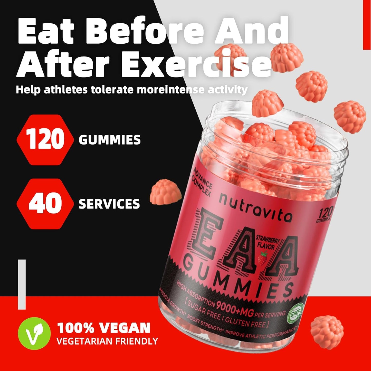 Nutravita EAA Gummies - Strawberry Flavor, 120 Gummies, 9000mg Essential Amino Acids - Non-GMO, Gluten Free, Vegetarian-Friendly