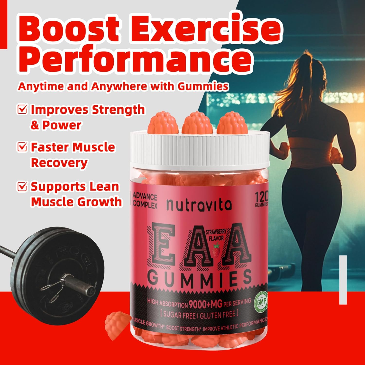 Nutravita EAA Gummies - Strawberry Flavor, 120 Gummies, 9000mg Essential Amino Acids - Non-GMO, Gluten Free, Vegetarian-Friendly