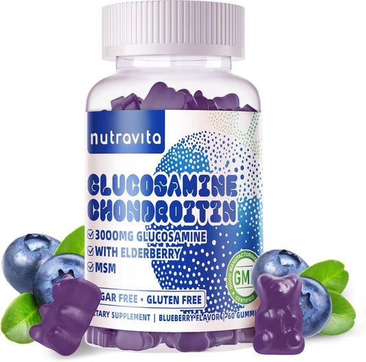 Nutravita Extra Strength Glucosamine Chondroitin Gummies with MSM & Elderberry - Joint and Immune Support Supplement for Adults, Men & Women - 60 Blueberry Chews