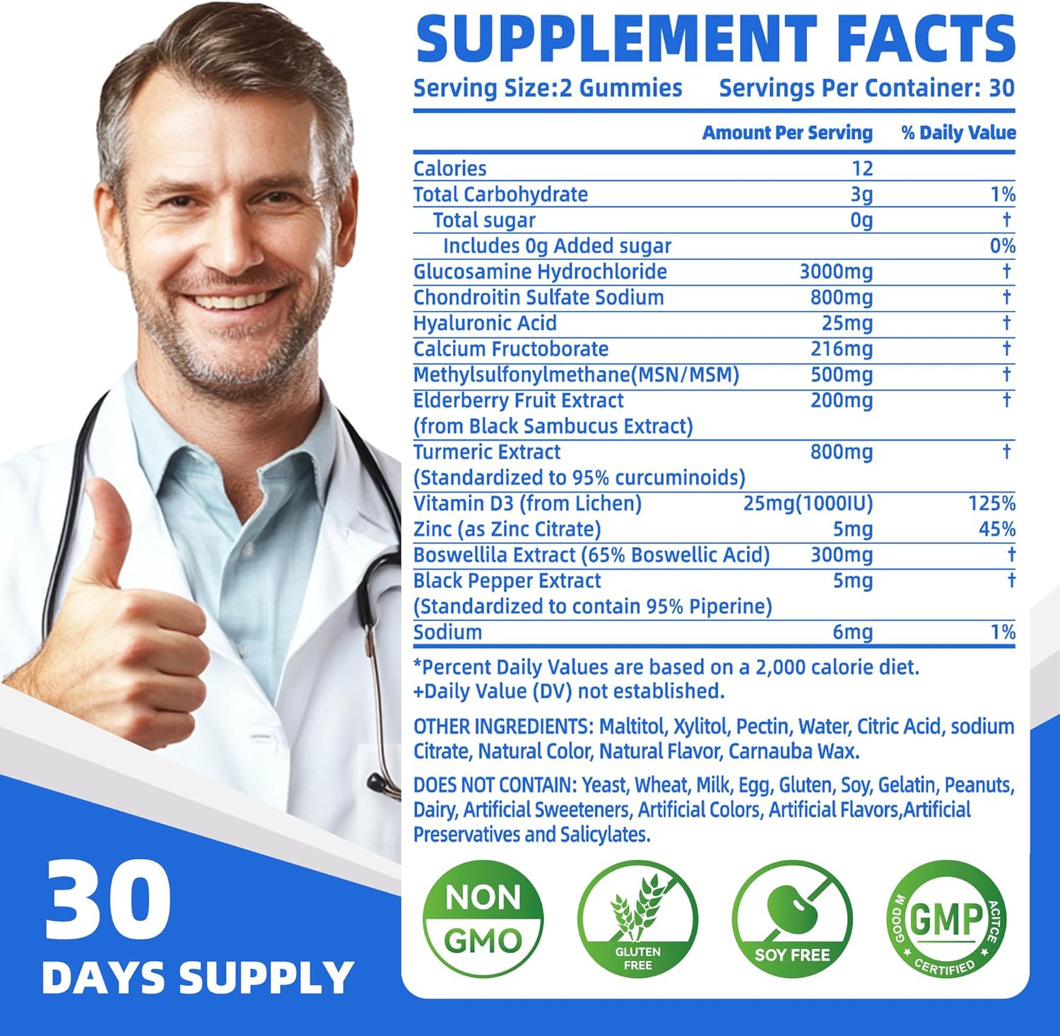 Nutravita Extra Strength Glucosamine Chondroitin Gummies with MSM & Elderberry - Joint and Immune Support Supplement for Adults, Men & Women - 60 Blueberry Chews