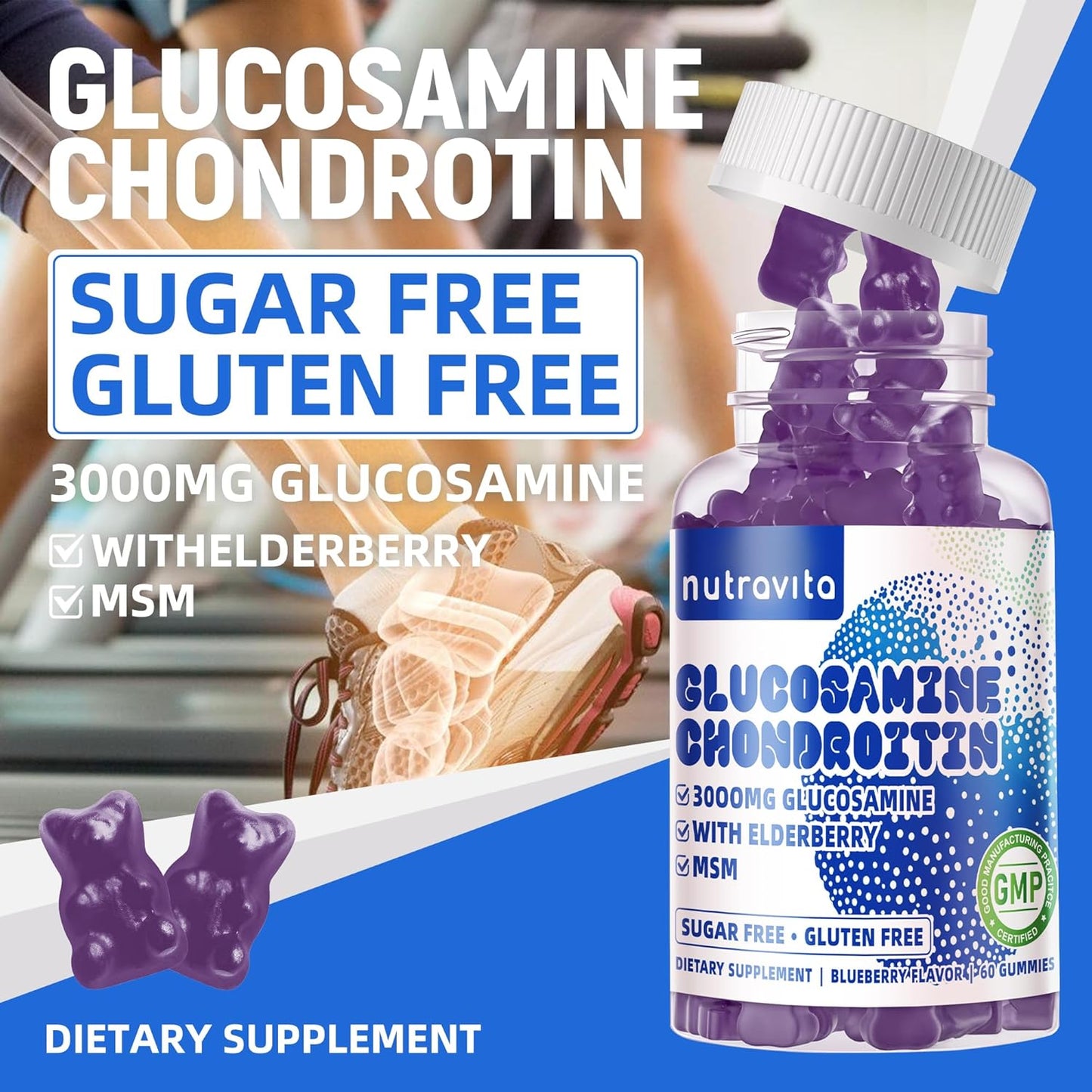 Nutravita Extra Strength Glucosamine Chondroitin Gummies with MSM & Elderberry - Joint and Immune Support Supplement for Adults, Men & Women - 60 Blueberry Chews