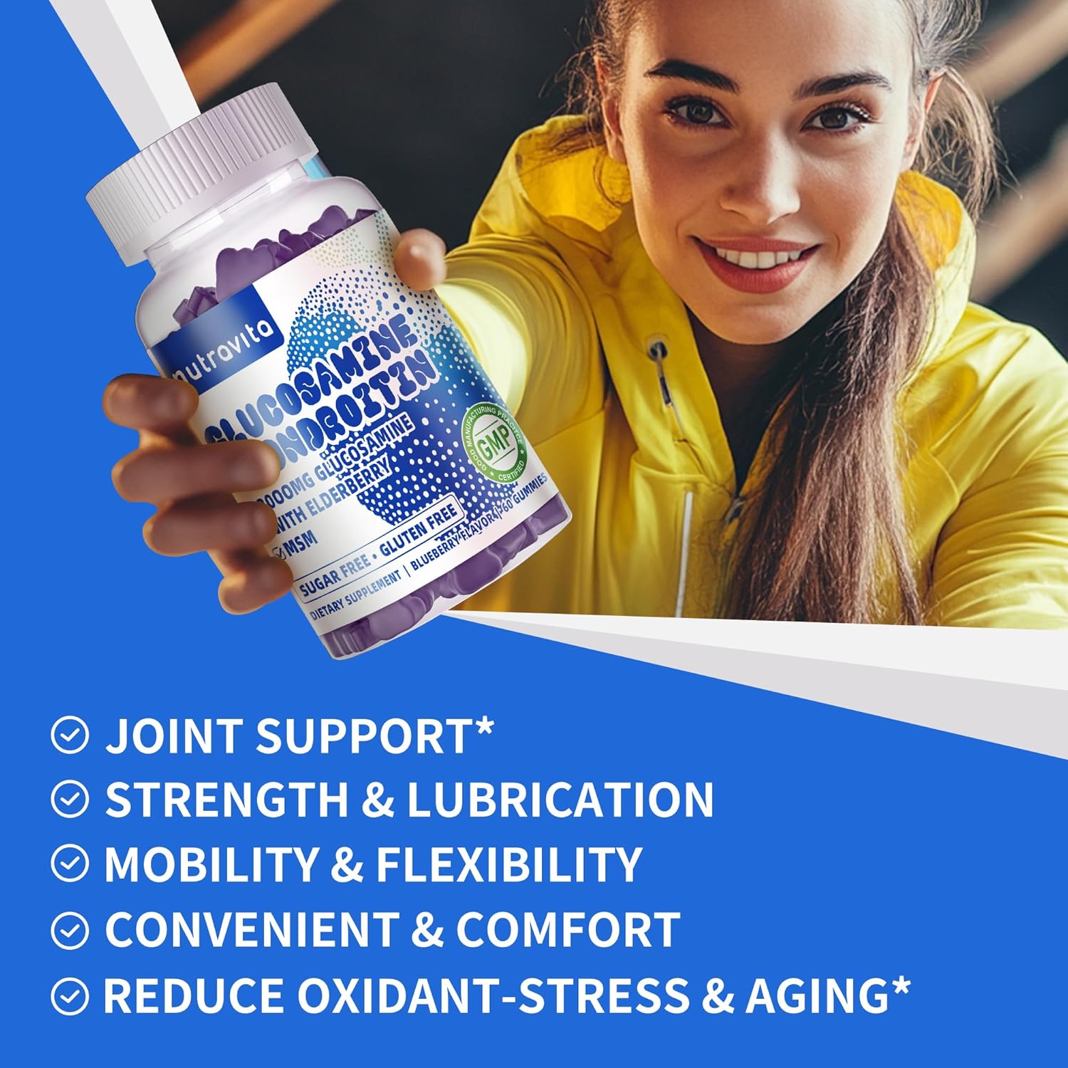 Nutravita Extra Strength Glucosamine Chondroitin Gummies with MSM & Elderberry - Joint and Immune Support Supplement for Adults, Men & Women - 60 Blueberry Chews
