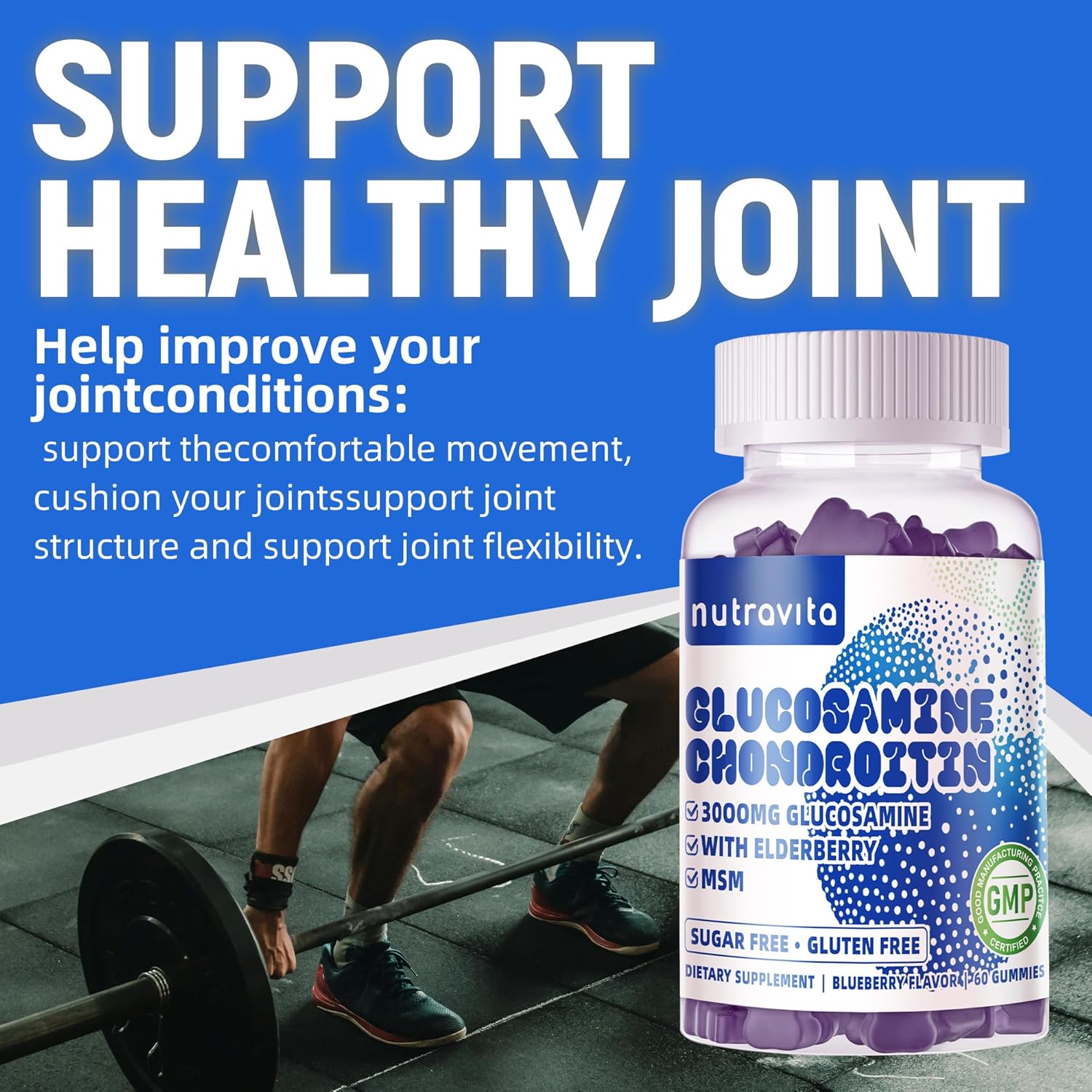 Nutravita Extra Strength Glucosamine Chondroitin Gummies with MSM & Elderberry - Joint and Immune Support Supplement for Adults, Men & Women - 60 Blueberry Chews