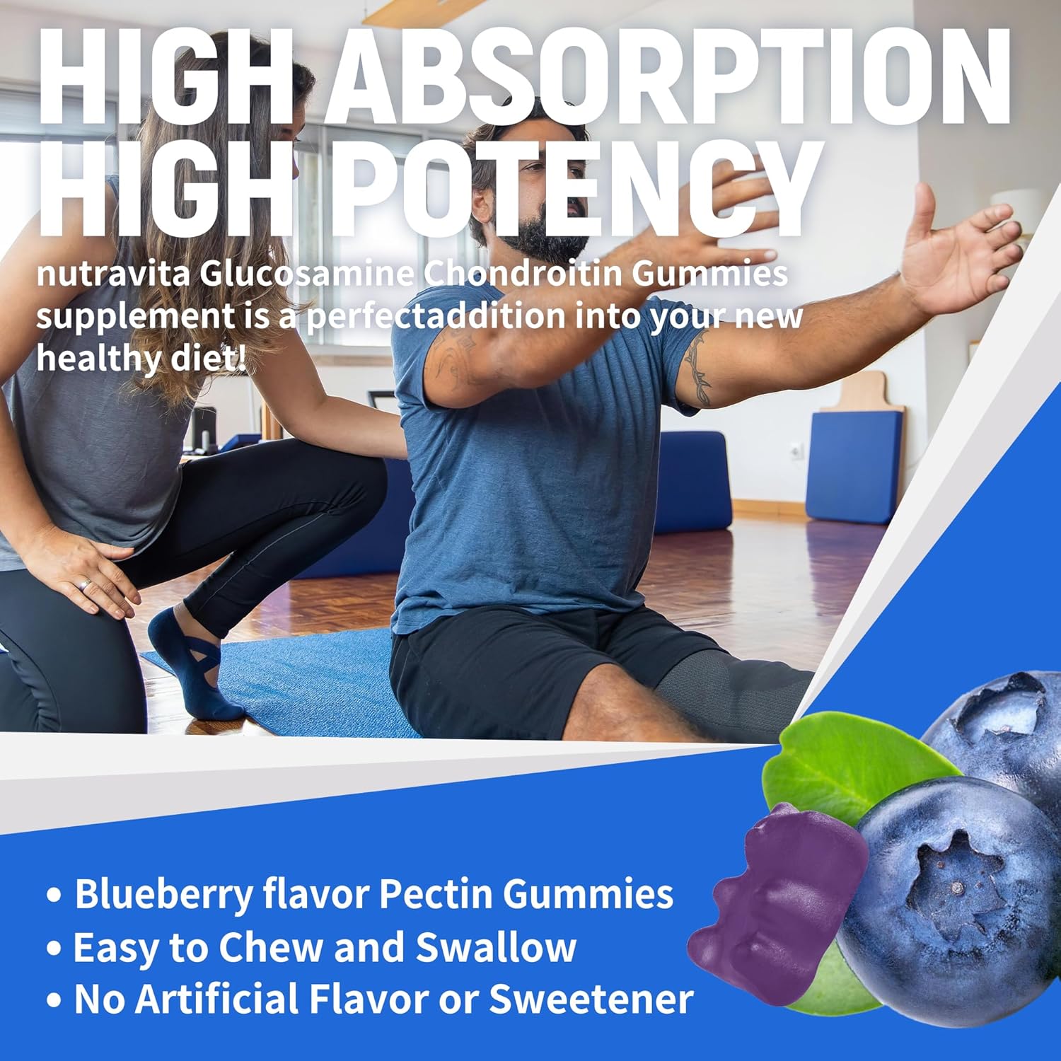 Nutravita Extra Strength Glucosamine Chondroitin Gummies with MSM & Elderberry - Joint and Immune Support Supplement for Adults, Men & Women - 60 Blueberry Chews