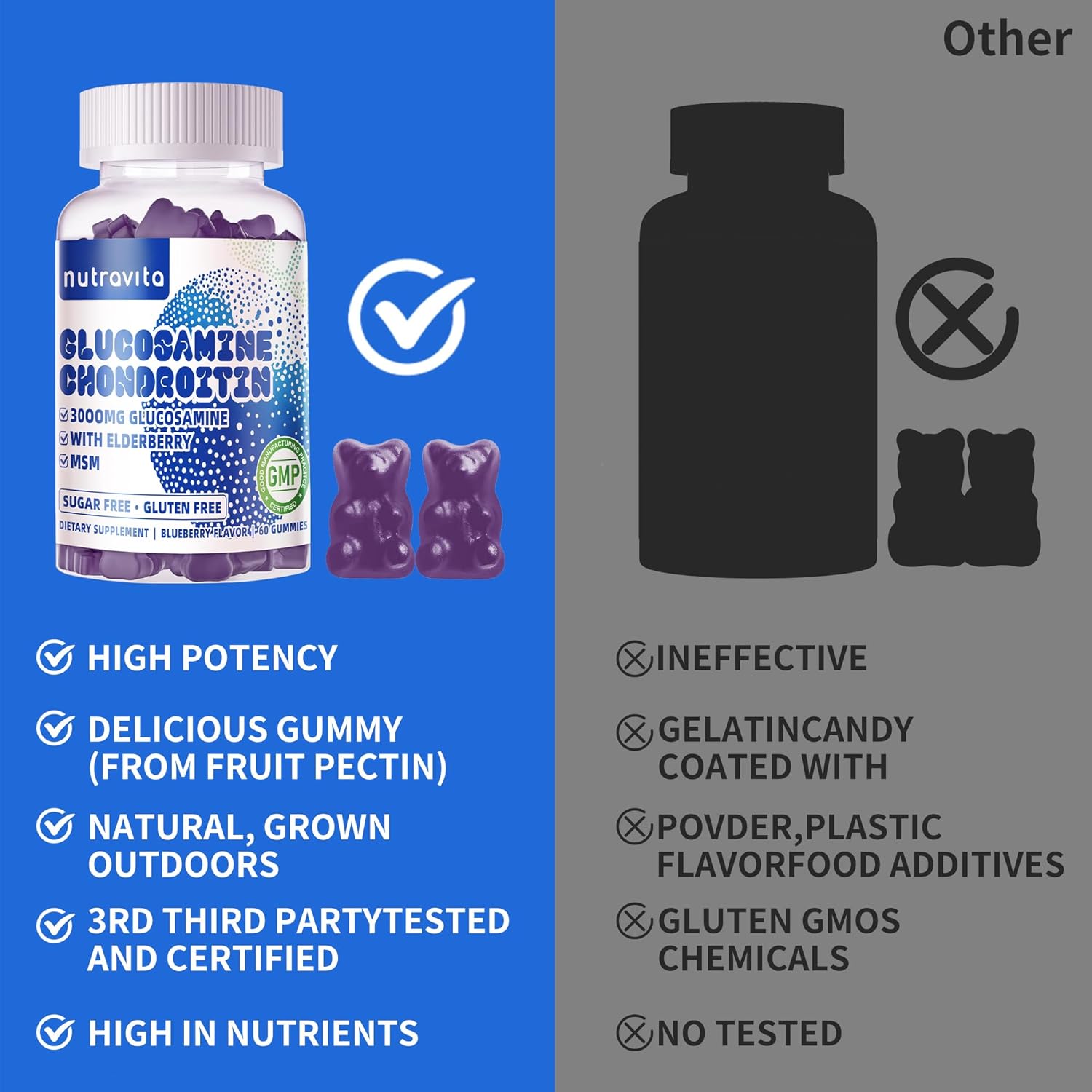 Nutravita Extra Strength Glucosamine Chondroitin Gummies with MSM & Elderberry - Joint and Immune Support Supplement for Adults, Men & Women - 60 Blueberry Chews