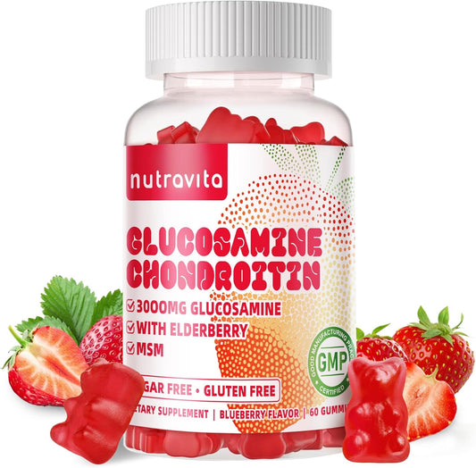 Nutravita Glucosamine Chondroitin Gummies with MSM, Elderberry - Joint & Immune Support for Adults - 60 Strawberry Chews