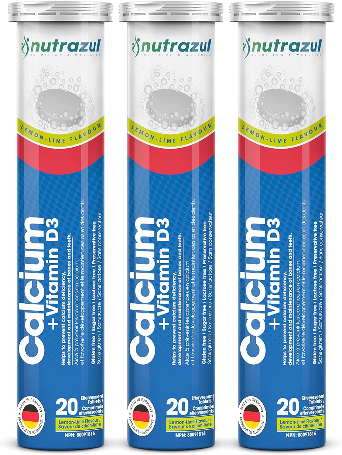 Nutrazul Calcium + Vitamin D3 Effervescent Tablets - 60 Tablets - Bone Health Support for Adults & Kids - Lemon-Lime Flavor