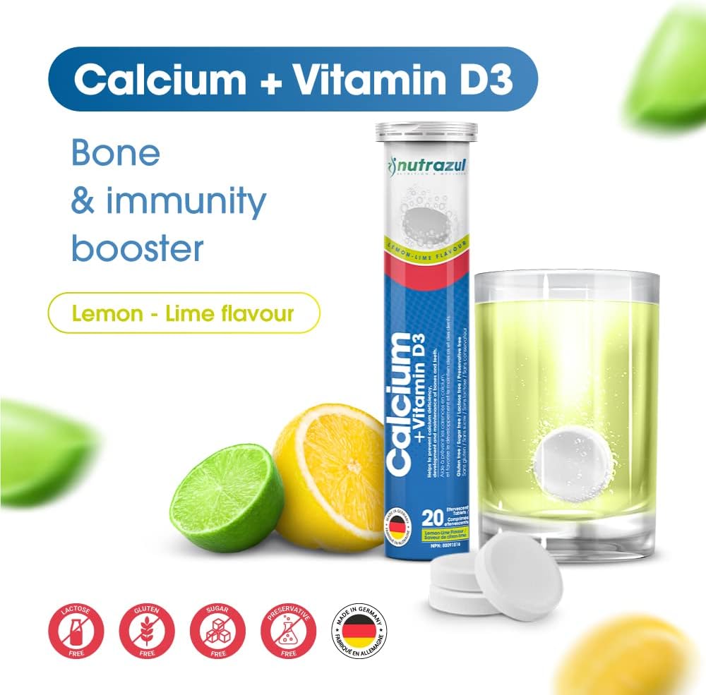 Nutrazul Calcium + Vitamin D3 Effervescent Tablets - 60 Tablets - Bone Health Support for Adults & Kids - Lemon-Lime Flavor
