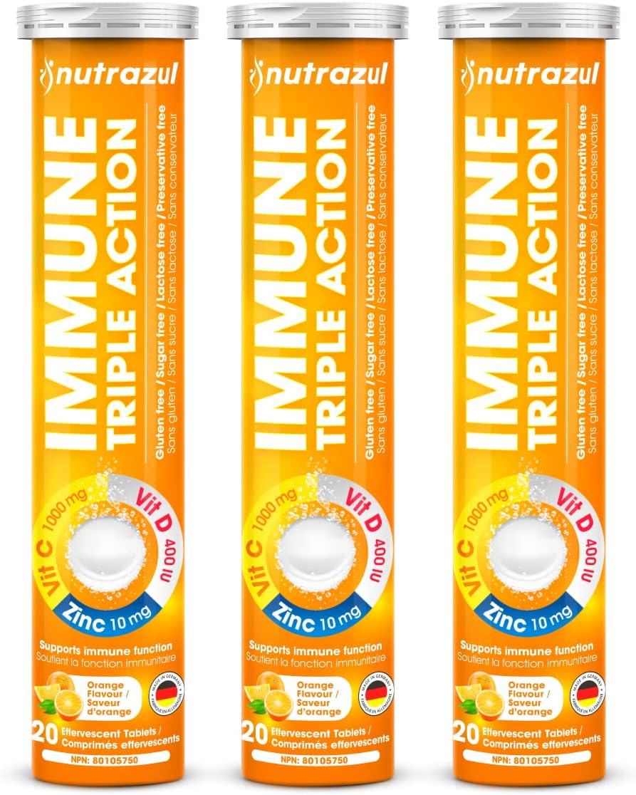 nutrazul Immune Triple Action Effervescent Tablet 1000mg Orange 20's x 3 - Vitamin C, D, Zinc - Gluten, Sugar, Lactose, Preservative Free - Supports Immune System