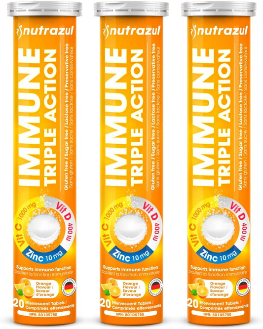 nutrazul Immune Triple Action Effervescent Tablet 1000mg Orange 20's x 3 - Vitamin C, D, Zinc - Gluten, Sugar, Lactose, Preservative Free - Supports Immune System