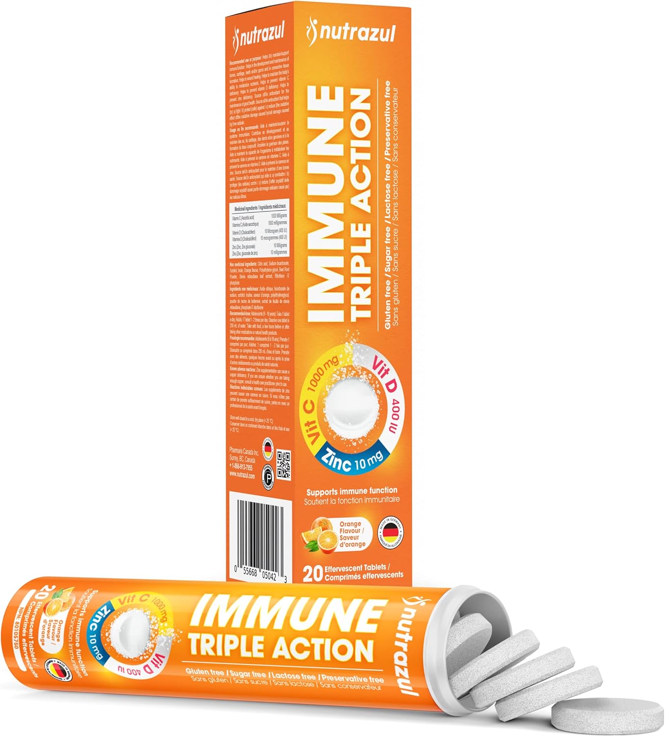 nutrazul Immune Triple Action Effervescent Tablet - 1000mg Vitamin C, D, Zinc - Orange - 20 Tablets - Gluten, Sugar, Lactose, & Preservative Free - Supports Immune Function