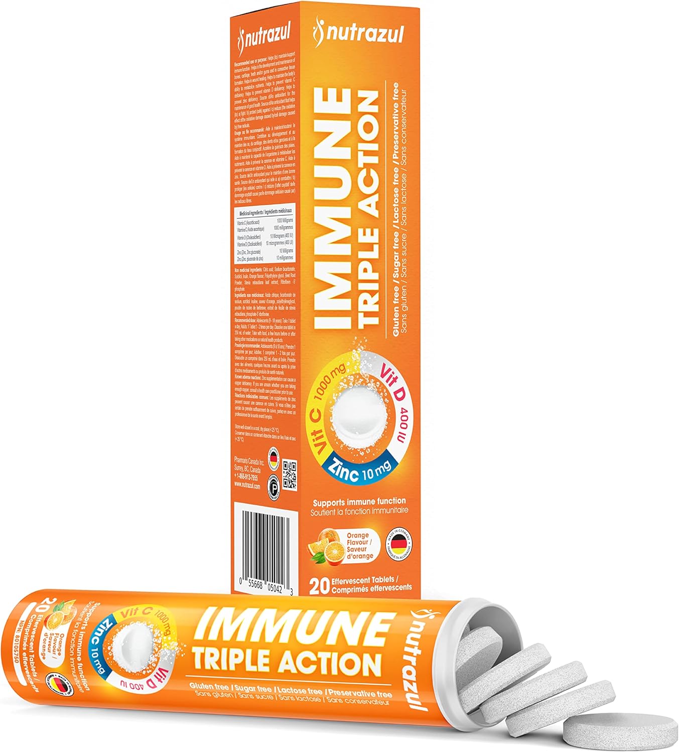 nutrazul Immune Triple Action Effervescent Tablet 1000mg Orange 20's x 3 - Vitamin C, D, Zinc - Gluten, Sugar, Lactose, Preservative Free - Supports Immune System