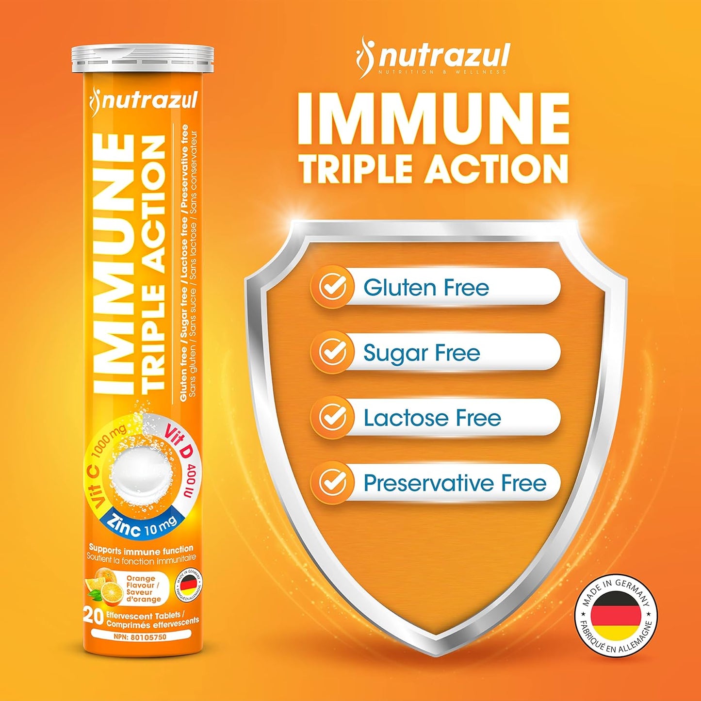 nutrazul Immune Triple Action Effervescent Tablet - 1000mg Vitamin C, D, Zinc - Orange - 20 Tablets - Gluten, Sugar, Lactose, & Preservative Free - Supports Immune Function