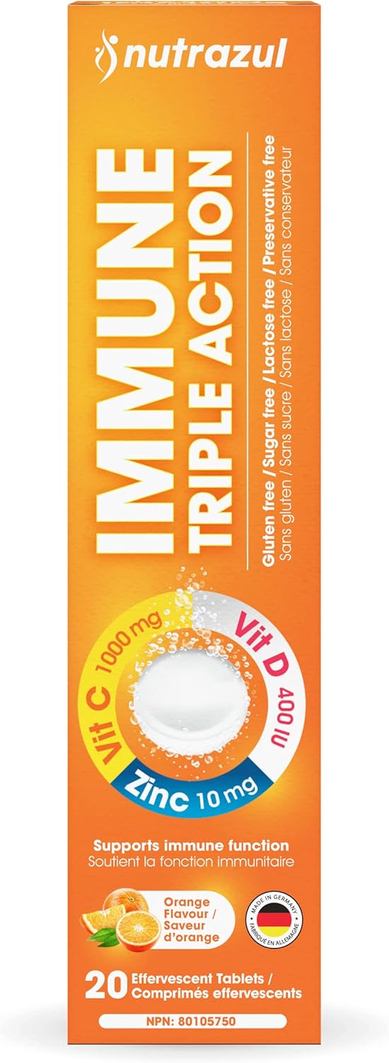 nutrazul Immune Triple Action Effervescent Tablet - 1000mg Vitamin C, D, Zinc - Orange - 20 Tablets - Gluten, Sugar, Lactose, & Preservative Free - Supports Immune Function