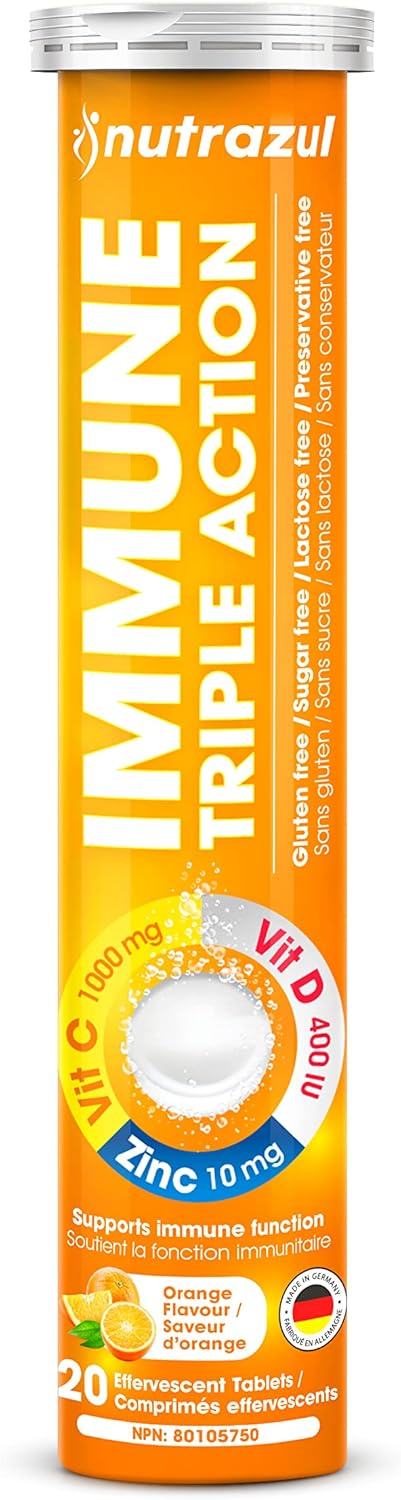 nutrazul Immune Triple Action Effervescent Tablet 1000mg Orange 20's x 3 - Vitamin C, D, Zinc - Gluten, Sugar, Lactose, Preservative Free - Supports Immune System