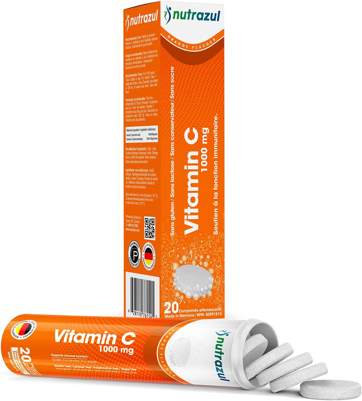 Nutrazul Vitamin C 1000mg Effervescent Tablets - Orange 20 Pack | Gluten, Lactose, Sugar & Preservative Free | Immune Function Support for 20 Days