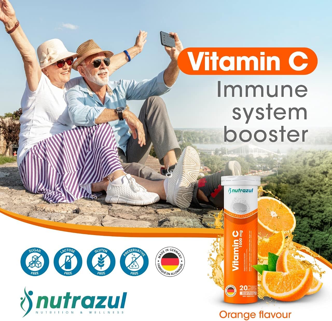 Nutrazul Vitamin C 1000mg Effervescent Tablets - Orange 20 Pack | Gluten, Lactose, Sugar & Preservative Free | Immune Function Support for 20 Days