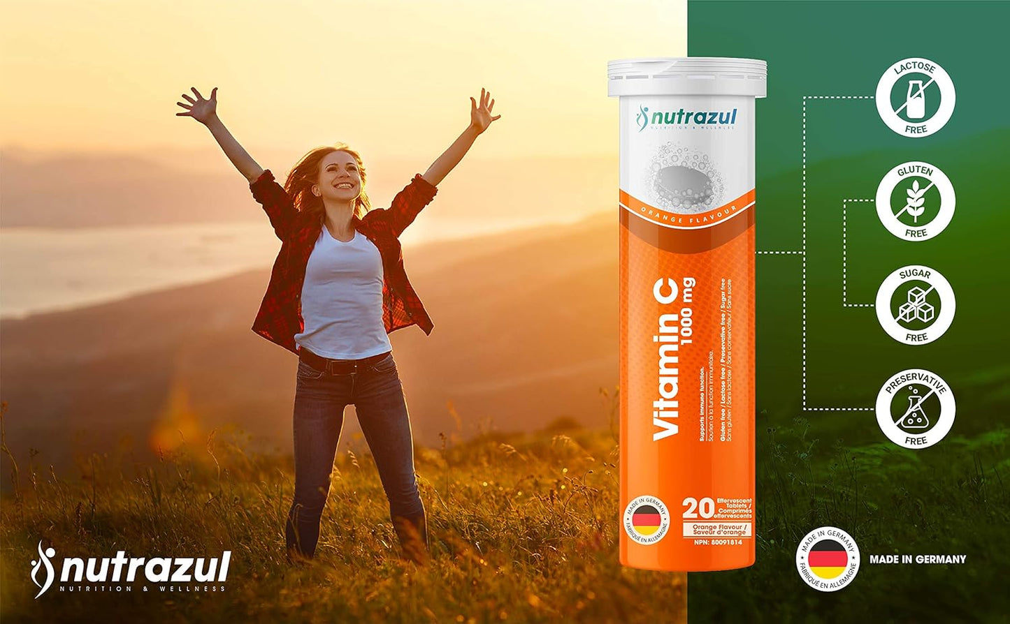Nutrazul Vitamin C 1000mg Effervescent Tablets - Orange 20 Pack | Gluten, Lactose, Sugar & Preservative Free | Immune Function Support for 20 Days