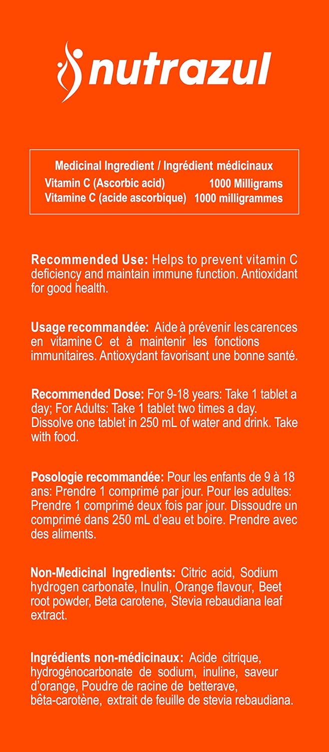 Nutrazul Vitamin C 1000mg Effervescent Tablets - Orange 20 Pack | Gluten, Lactose, Sugar & Preservative Free | Immune Function Support for 20 Days