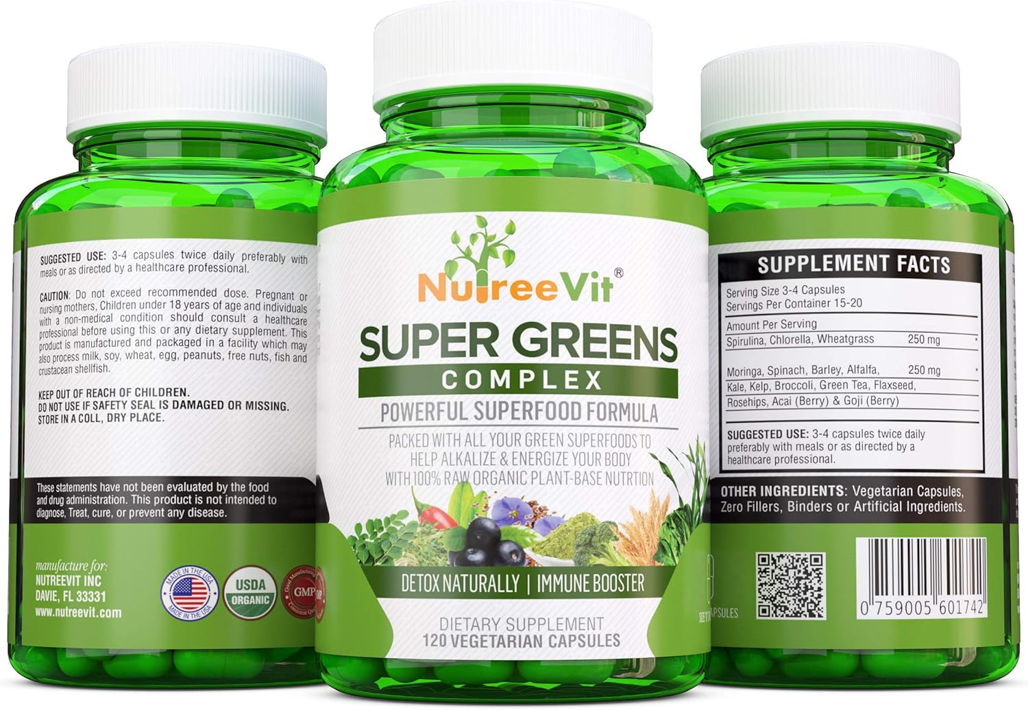 NutreeVit SuperGreens Blend with Spirulina, Chlorella, and Wheatgrass - Packed with Nutrients
