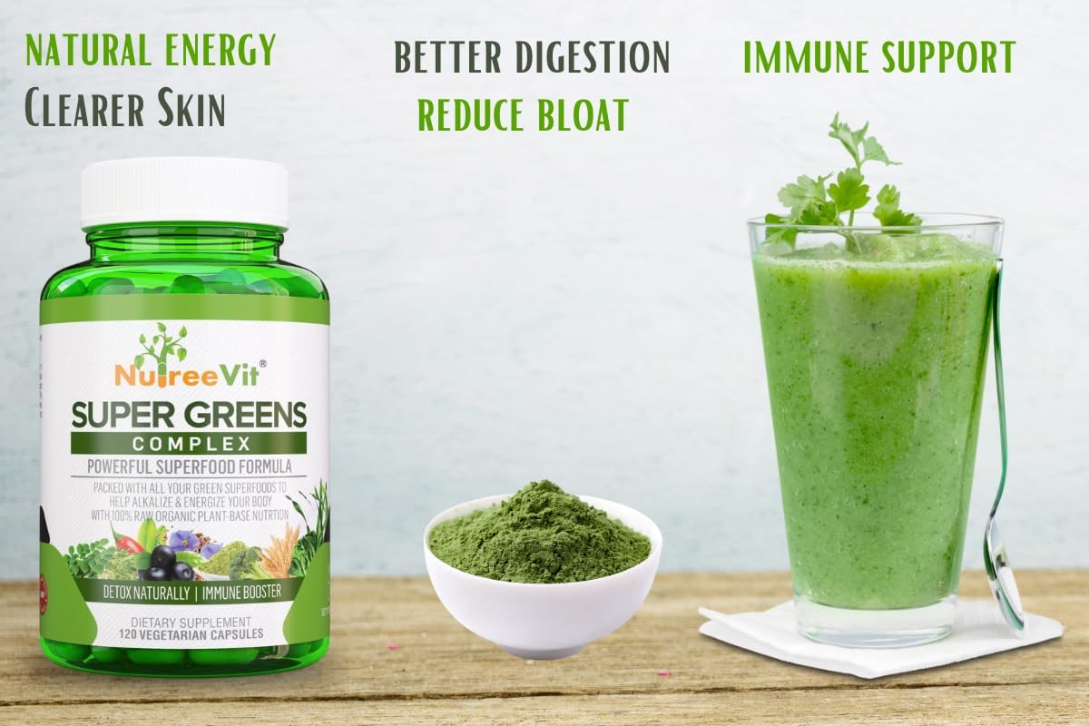NutreeVit SuperGreens Blend with Spirulina, Chlorella, and Wheatgrass - Packed with Nutrients